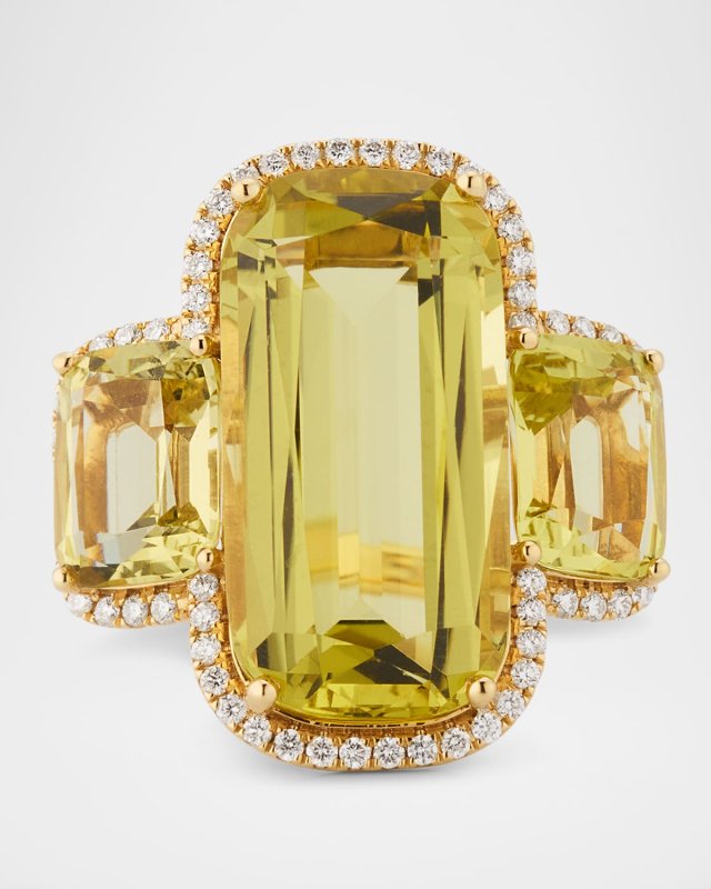 Gossip 18K Yellow Gold Lemon Quartz 3 Stone Cushion Cut Ring with Diamonds